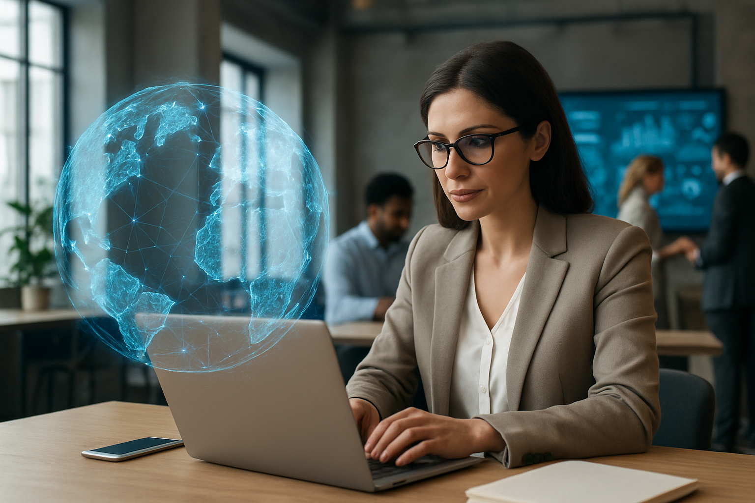 biuro hybrydowe z dashboardami danych i zespołem menedżerskim – ilustracja artykułu