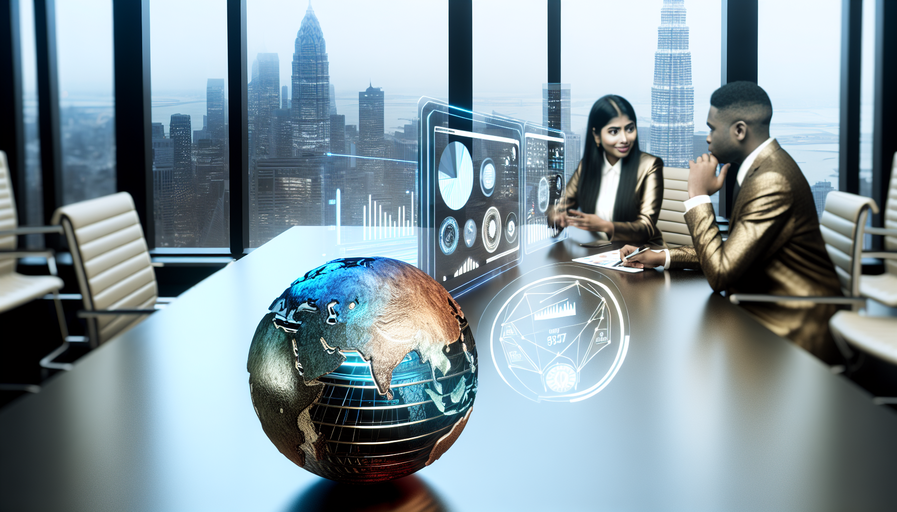 Nowoczesne globalne centrum biznesowe 2026, biznesmeni omawiają innowacyjne trendy pod zielonymi dachami – ilustracja artykułu