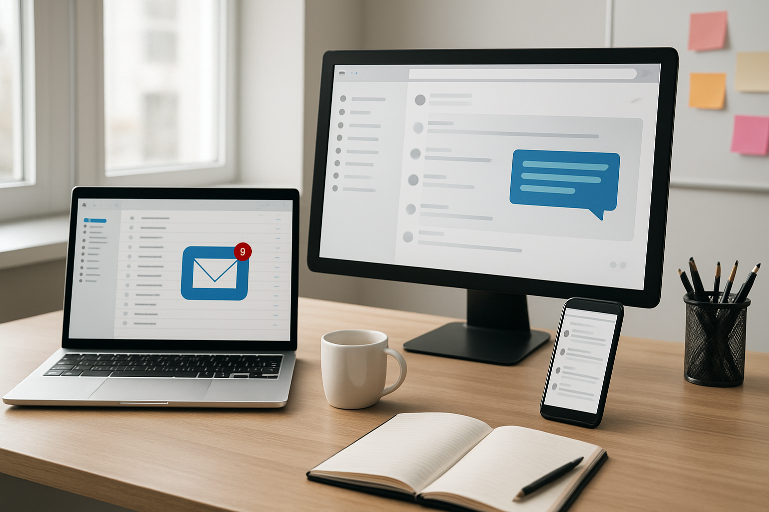 Nowoczesne narzędzia komunikacji w biurze, zespół pracujący przy komputerach na jasno oświetlonym tle – ilustracja artykułu