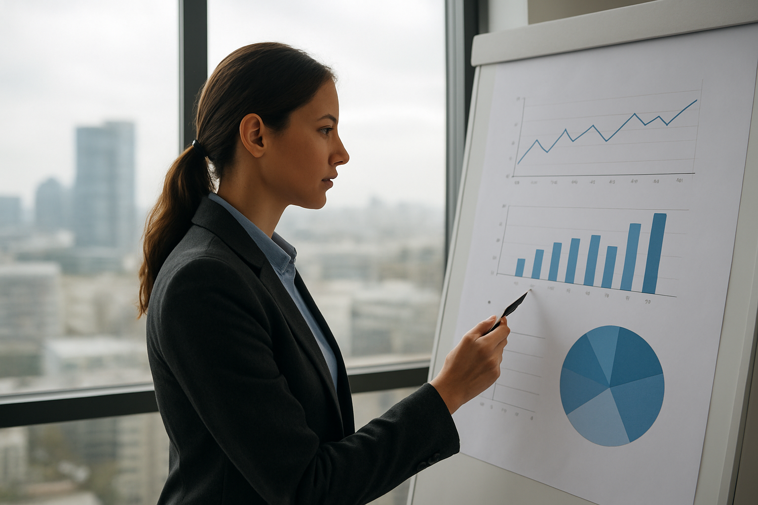 Zespół zarządczy analizujący scenariusze i wykresy w biurze – ilustracja artykułu