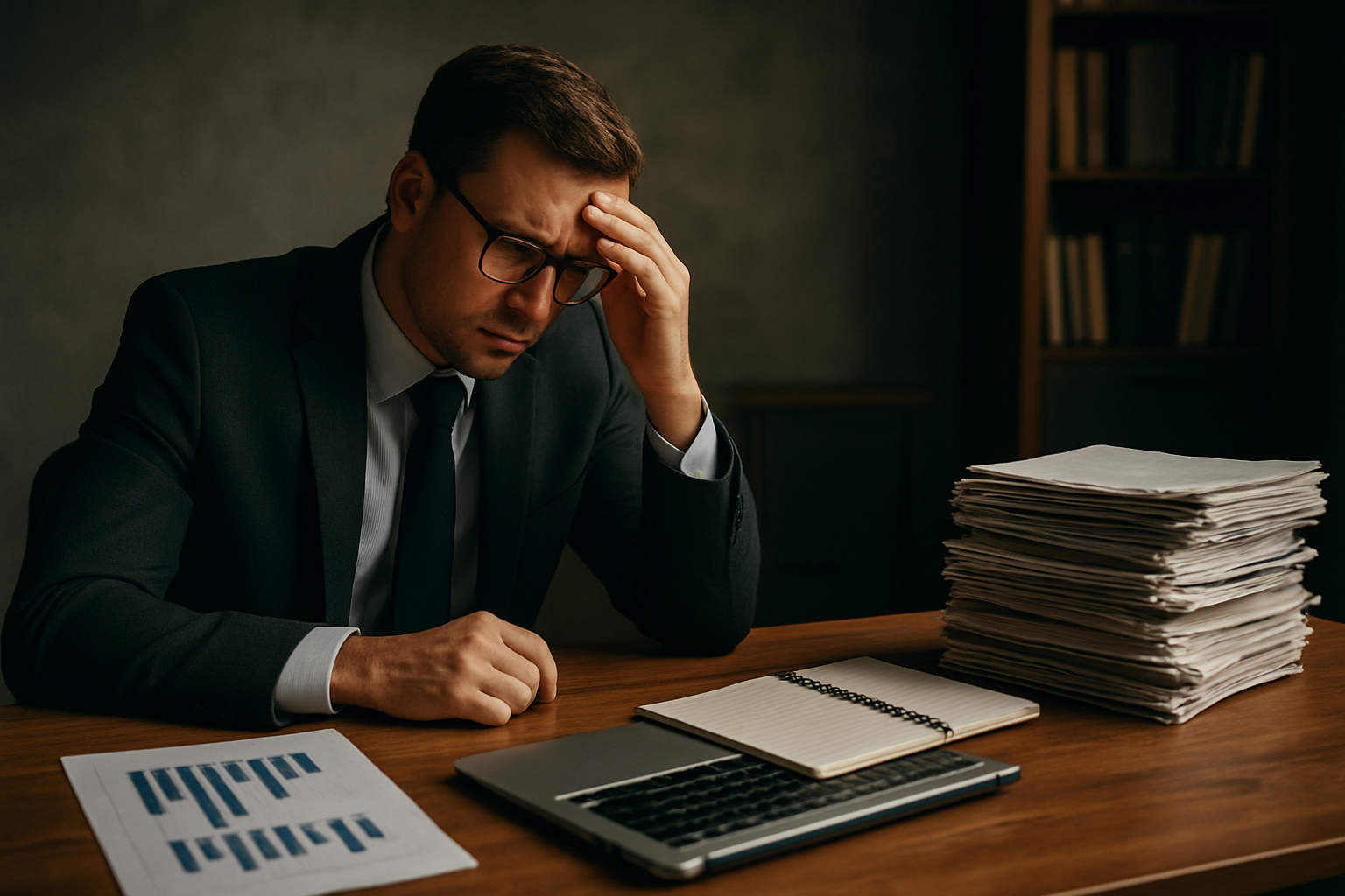 Biuro zarządu z wykresami i zegarem symbolizujące ryzyko strategiczne – ilustracja artykułu