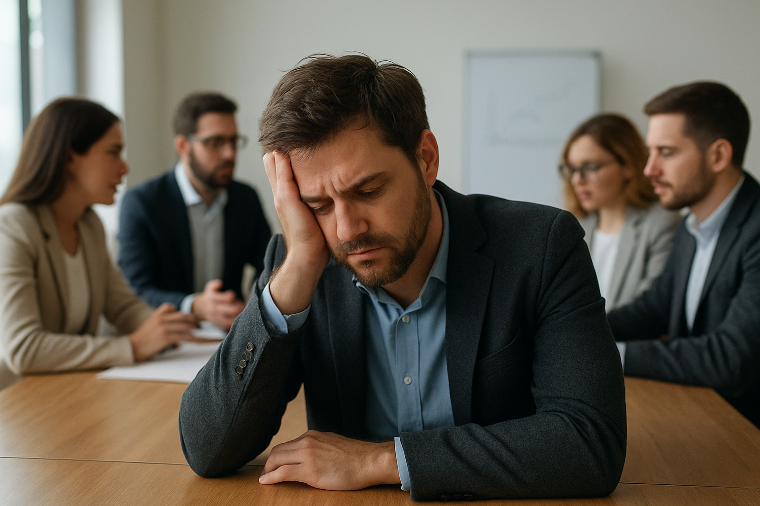 Lider przy biurku wieczorem — symbol wypalenia i odpowiedzialności – ilustracja artykułu