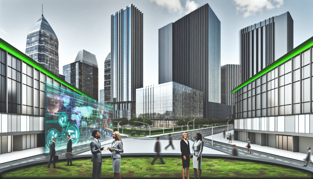 Nowoczesne globalne centrum biznesowe 2026, biznesmeni omawiają innowacyjne trendy pod zielonymi dachami