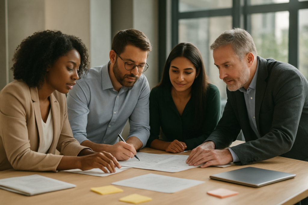 zdjęcie grupy ludzi w biurze, omawiających strategię przedsiębiorstwa