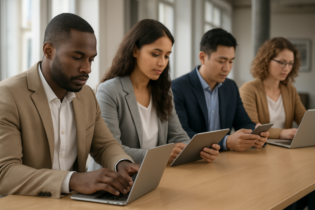 Biznesmeni i kobiety w nowoczesnym biurze korzystający z technologii cyfrowych