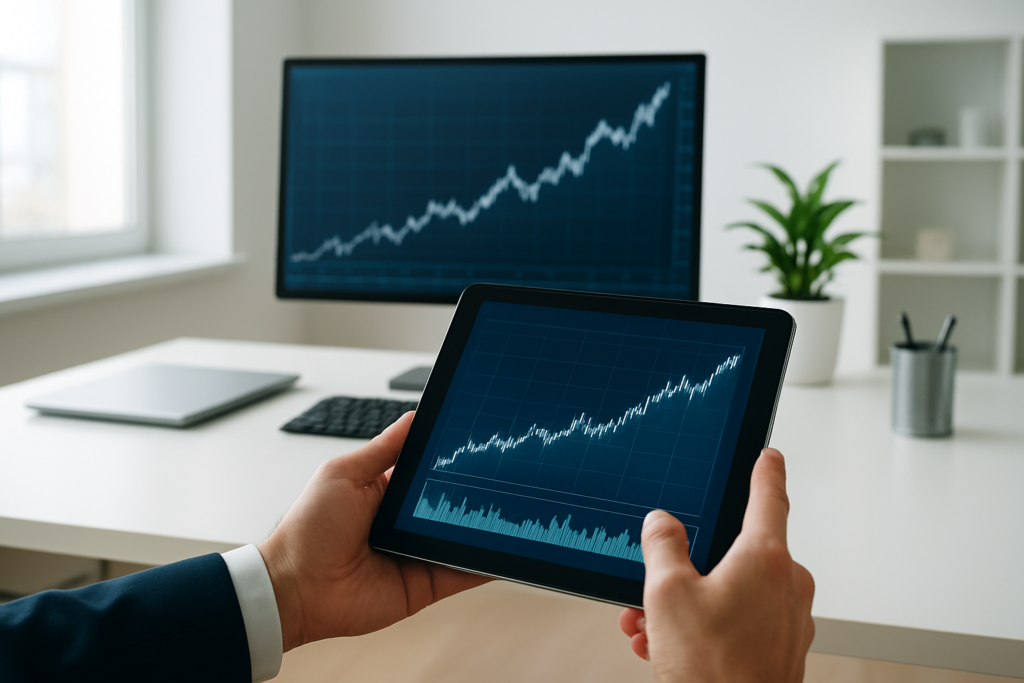 Biznesmen analizujący trendy rynkowe na tablecie z nowoczesnym tłem technologicznym.