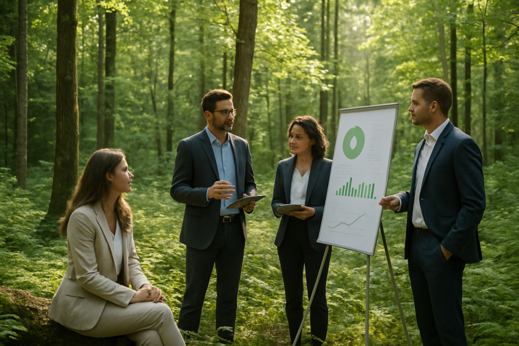 Zespół biznesowy planujący strategie zrównoważonego rozwoju w lesie