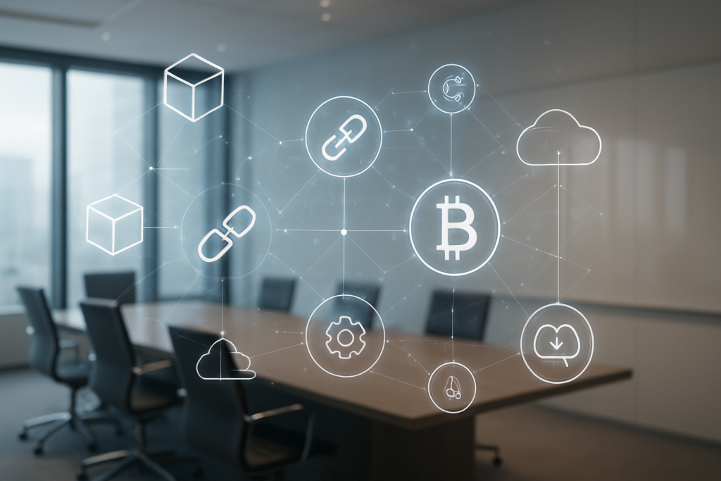 Zdjęcie przedstawiające symboliczne reprezentacje technologii blockchain na tle cyfrowych sieci w nowoczesnym biurze