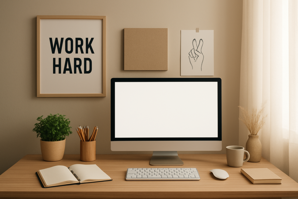 przyjazne, zorganizowane biurko z roślinami i planerem, naturalne światło