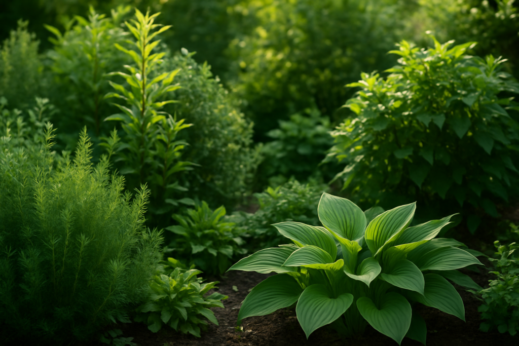 zdjęcie kolorowych, zdrowych roślin w ogrodzie z miękkim, naturalnym światłem