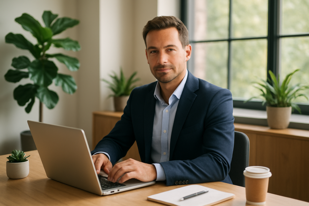 Profesjonalne zdjęcie właściciela firmy w nowoczesnym biurze z roślinami, w miękkim świetle