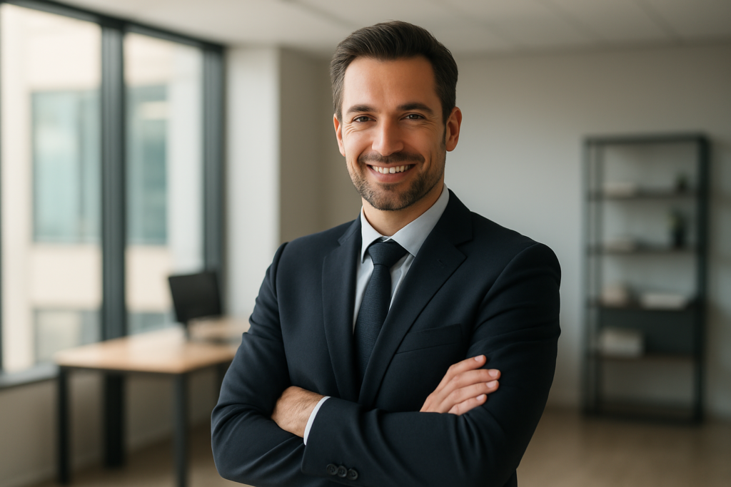 profesjonalny przedsiębiorca z uśmiechem w nowoczesnym biurze