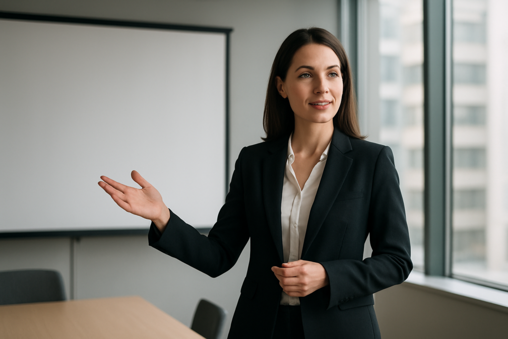 kobieta biznesu prowadząca prezentację w nowoczesnym biurze