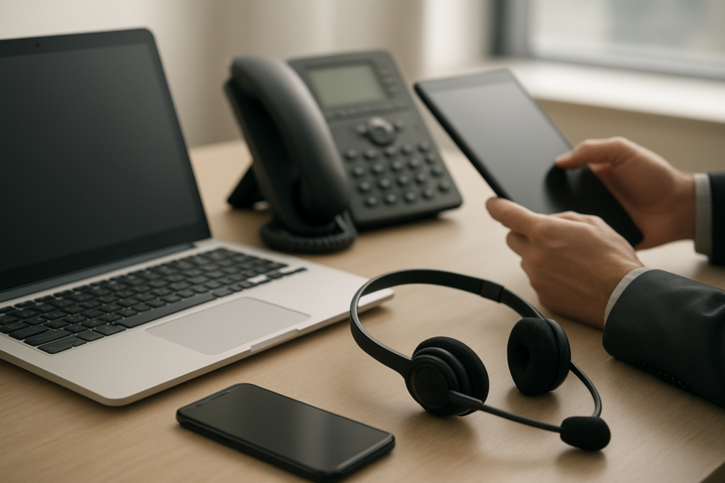 Nowoczesne narzędzia komunikacji w biurze, zespół pracujący przy komputerach na jasno oświetlonym tle