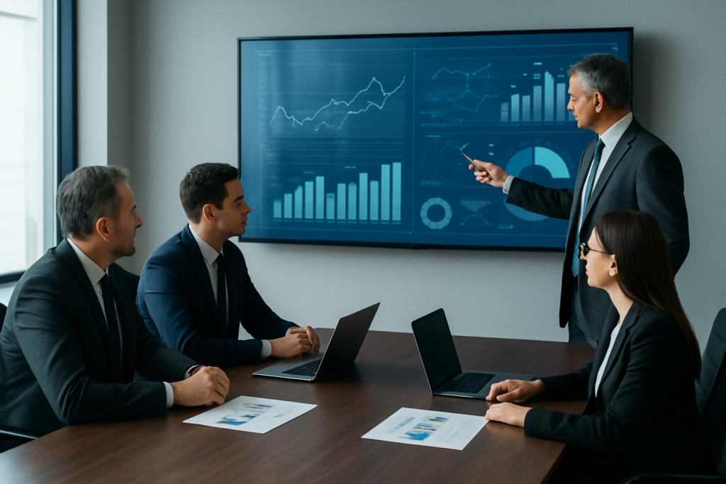 Zarząd analizujący strategię i wykresy