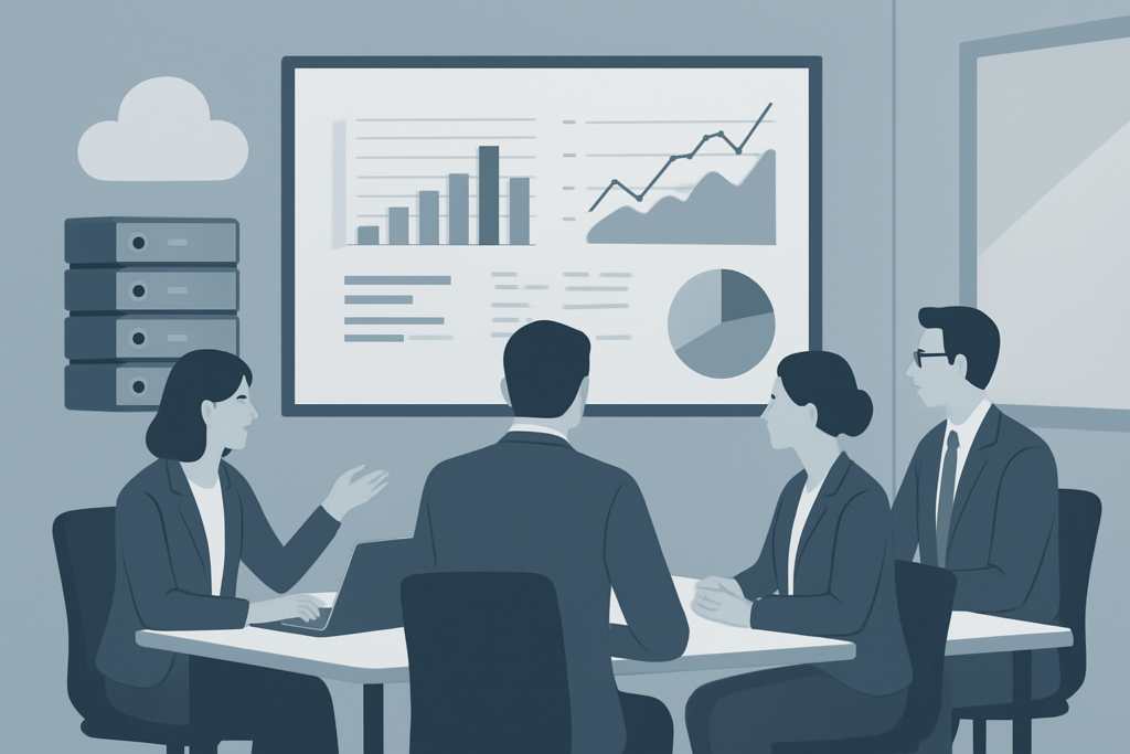 Zespół zarządzający analizuje strategię przy wykresach i danych