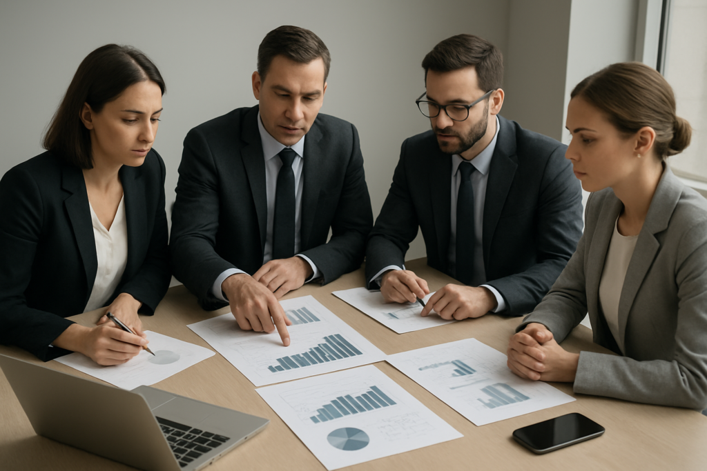 Zarząd analizujący wykresy wzrostu i scenariusze ryzyka