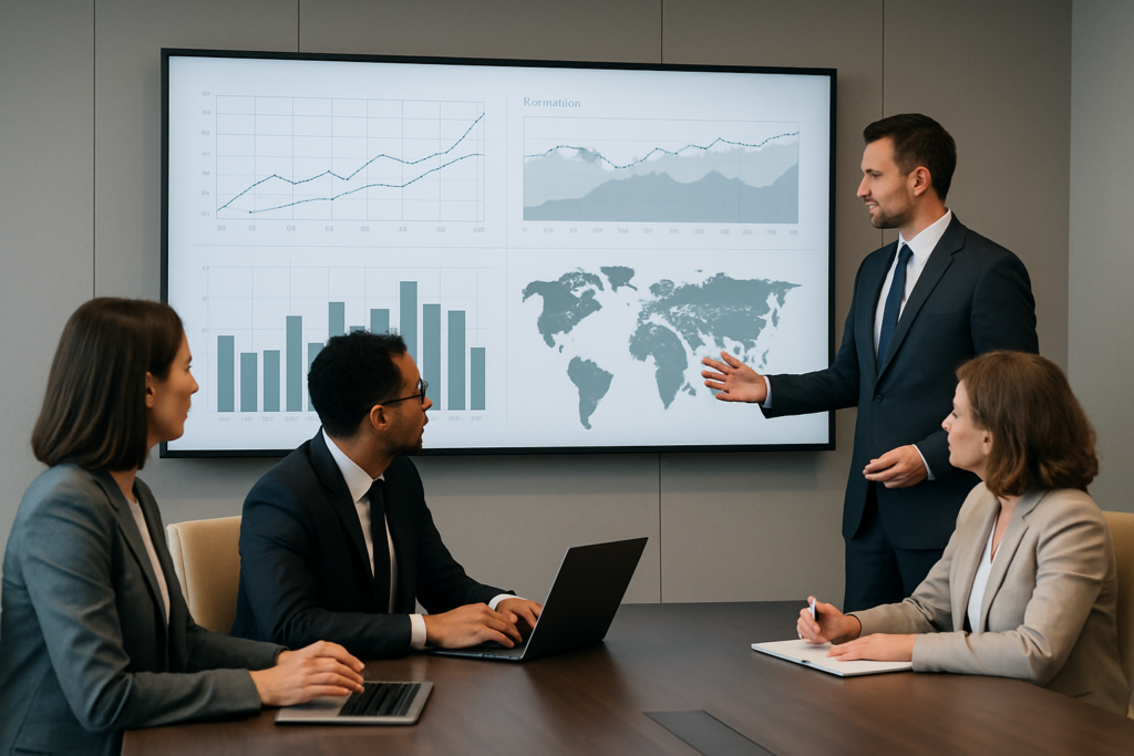 Menedżerowie analizujący scenariusze decyzyjne