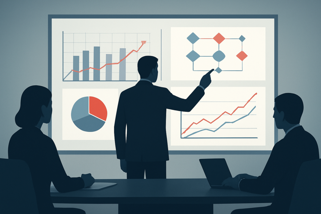 Menedżerowie analizujący ryzyko decyzji przy wykresach