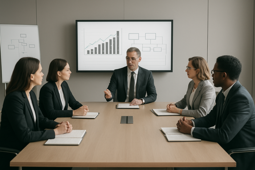 Zarząd analizuje scenariusze kryzysowe przy tabelach i wykresach