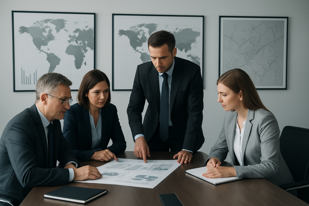 Zespół menedżerów analizujący strategię w sali konferencyjnej