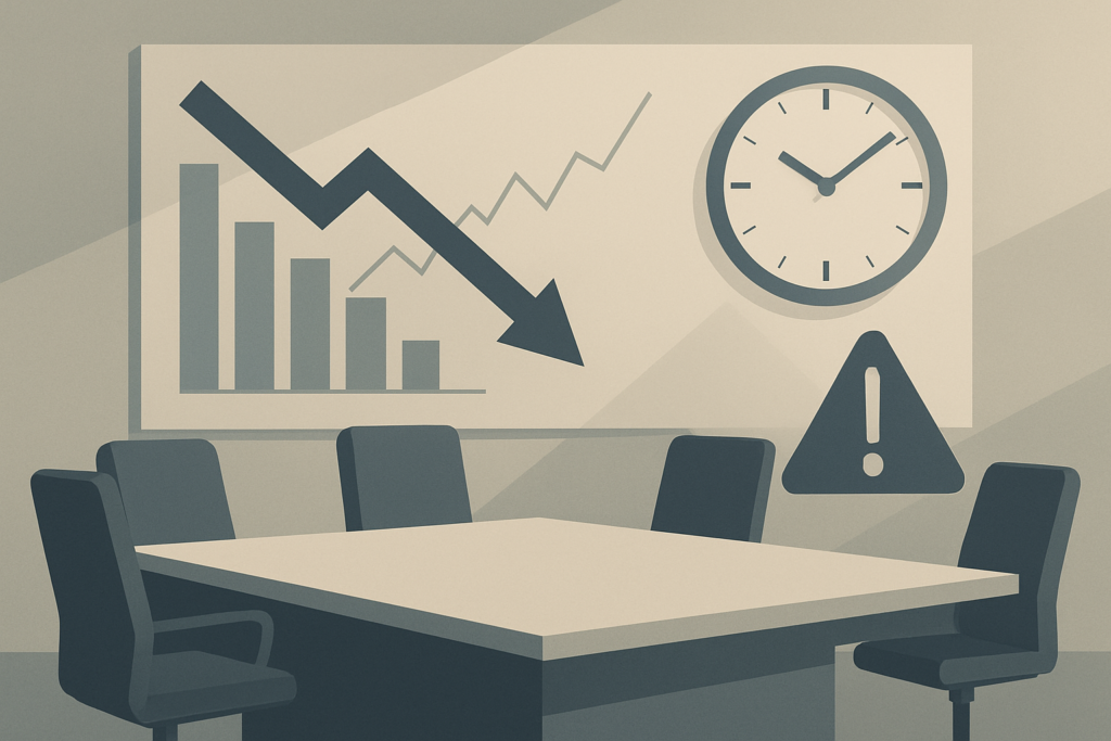 Biuro zarządu z wykresami i zegarem symbolizujące ryzyko strategiczne