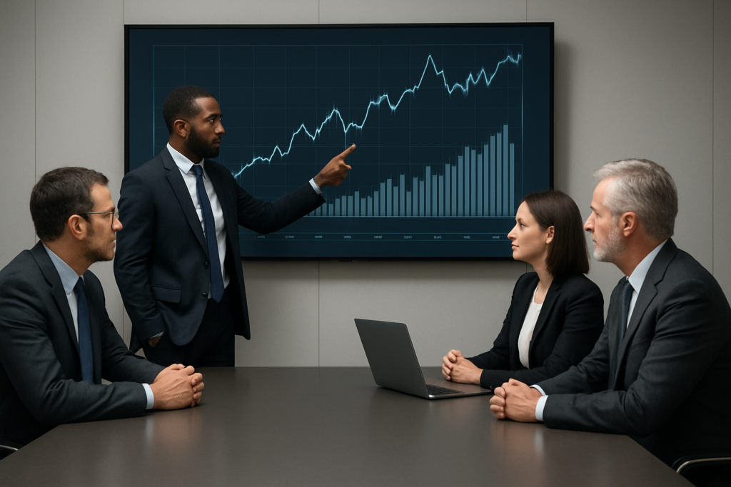 Liderzy analizujący wykresy w sali konferencyjnej