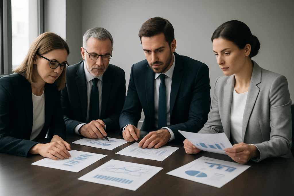 Zespół zarządzający analizuje scenariusze strategiczne przy stole konferencyjnym