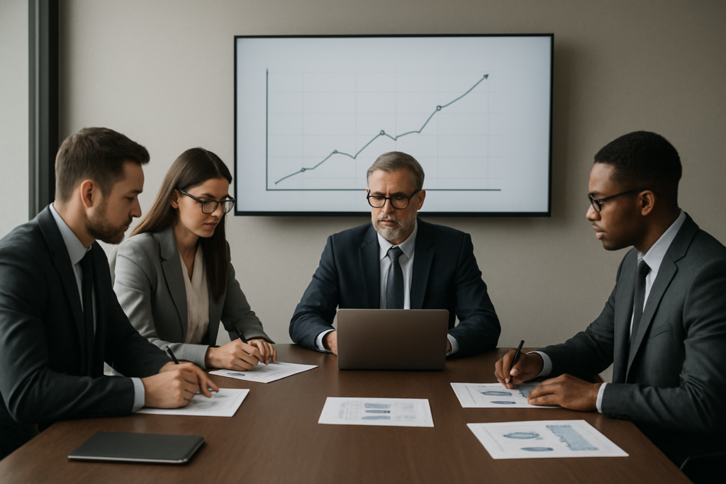 Menedżerowie analizujący wykres wzrostu i KPI