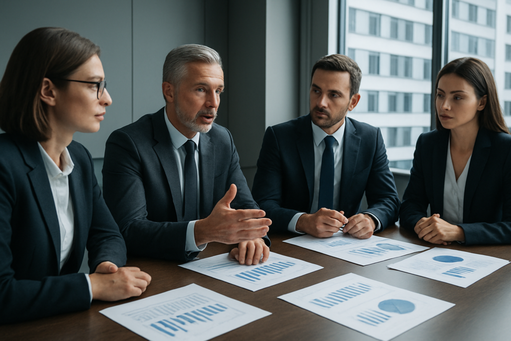 Zarząd omawiający decyzję strategiczną przy stole z wykresami