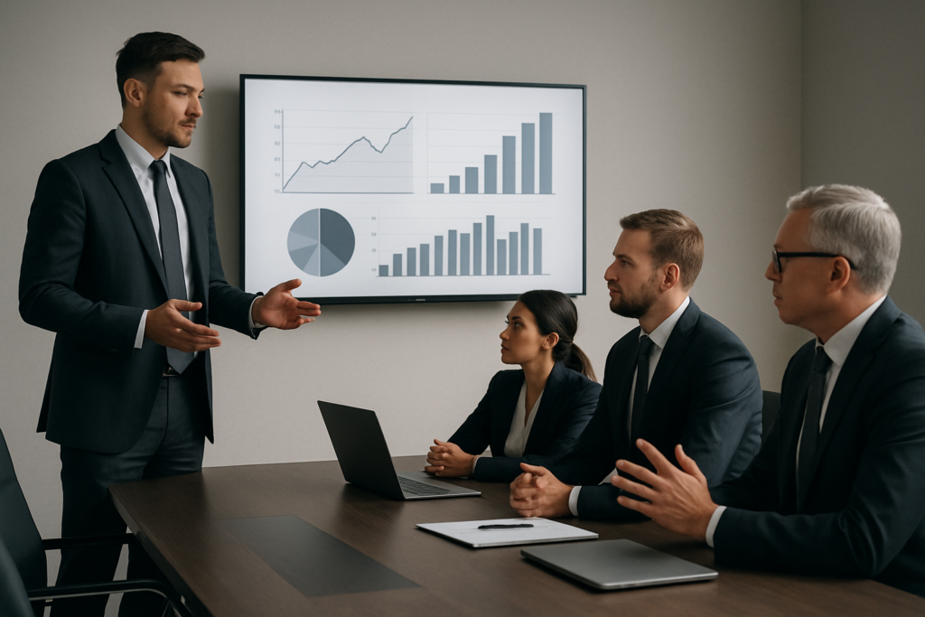 Zarząd analizujący wykresy strategiczne w sali konferencyjnej