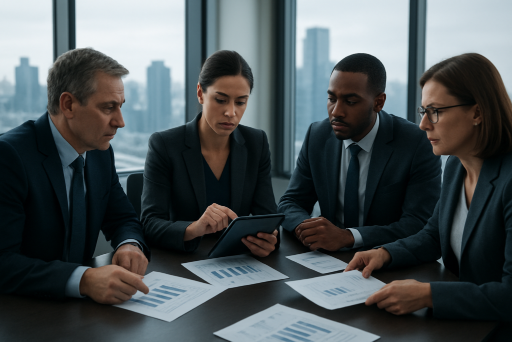 Decydenci analizujący wykresy w sali konferencyjnej