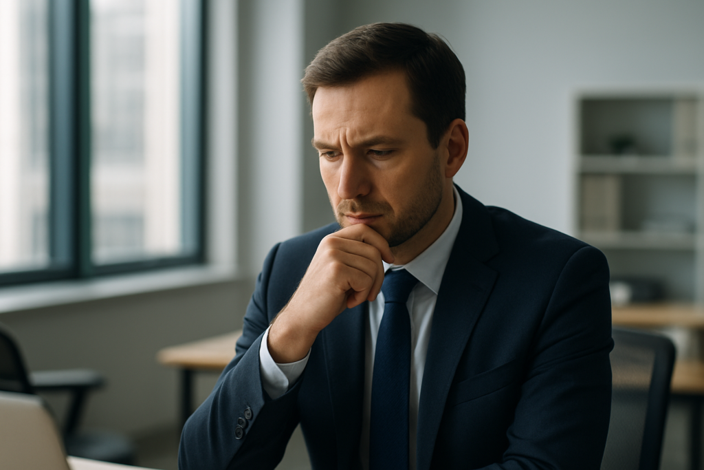 biznesmen zastanawiający się w eleganckim biurze, naturalne oświetlenie