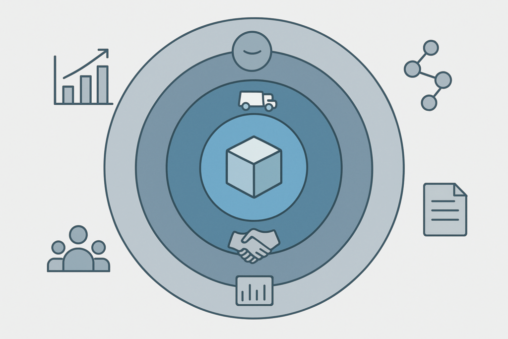 Schemat warstw przewagi konkurencyjnej: produkt, dane, kanały, partnerstwa