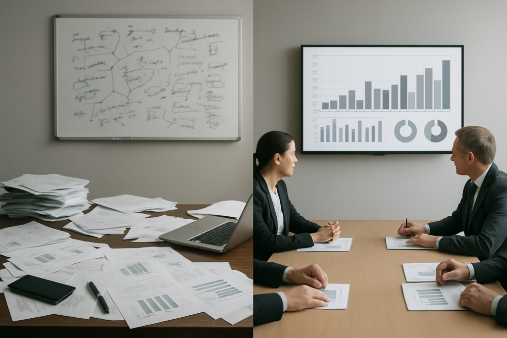 Kontrast chaosu i porządku w firmie — menedżerowie analizujący strategię