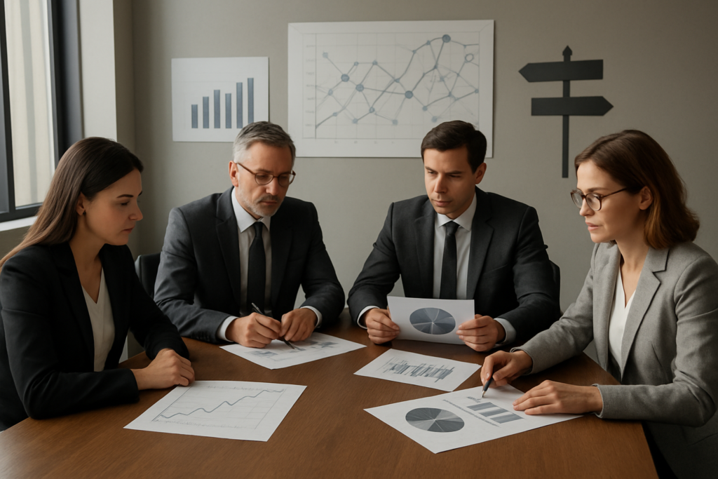 Zarząd analizujący wykresy i drogowskazy strategiczne