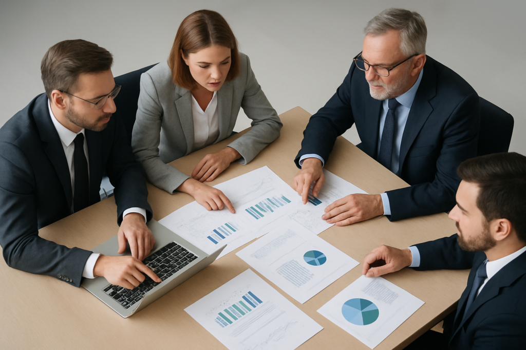 Zespół zarządzający analizujący strategię i wykresy
