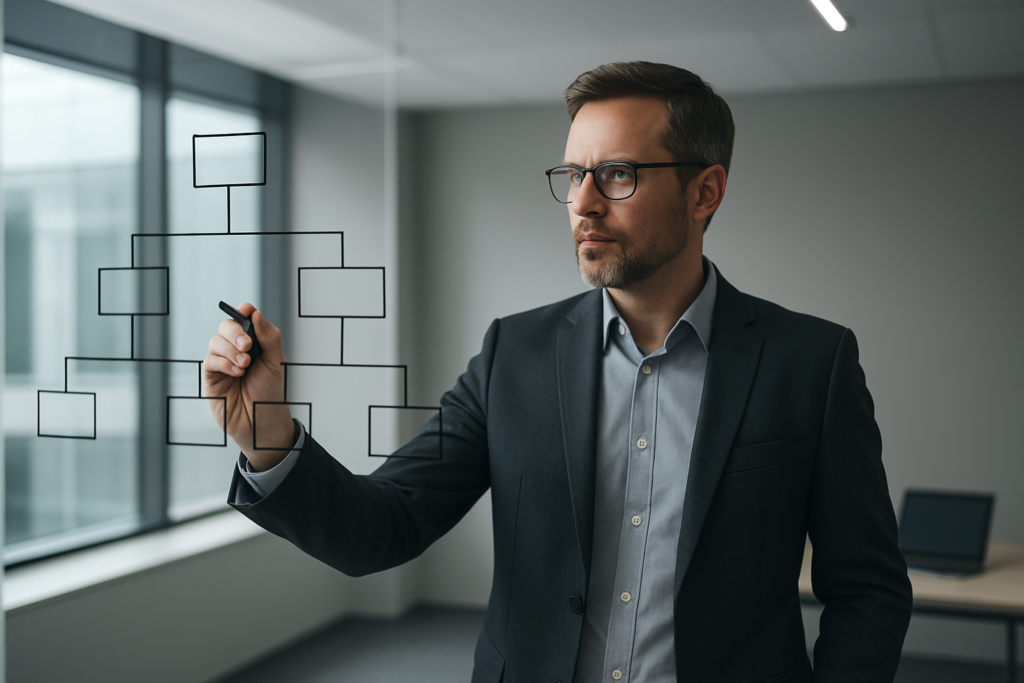 Lider projektujący strategię organizacyjną na przezroczystej tablicy