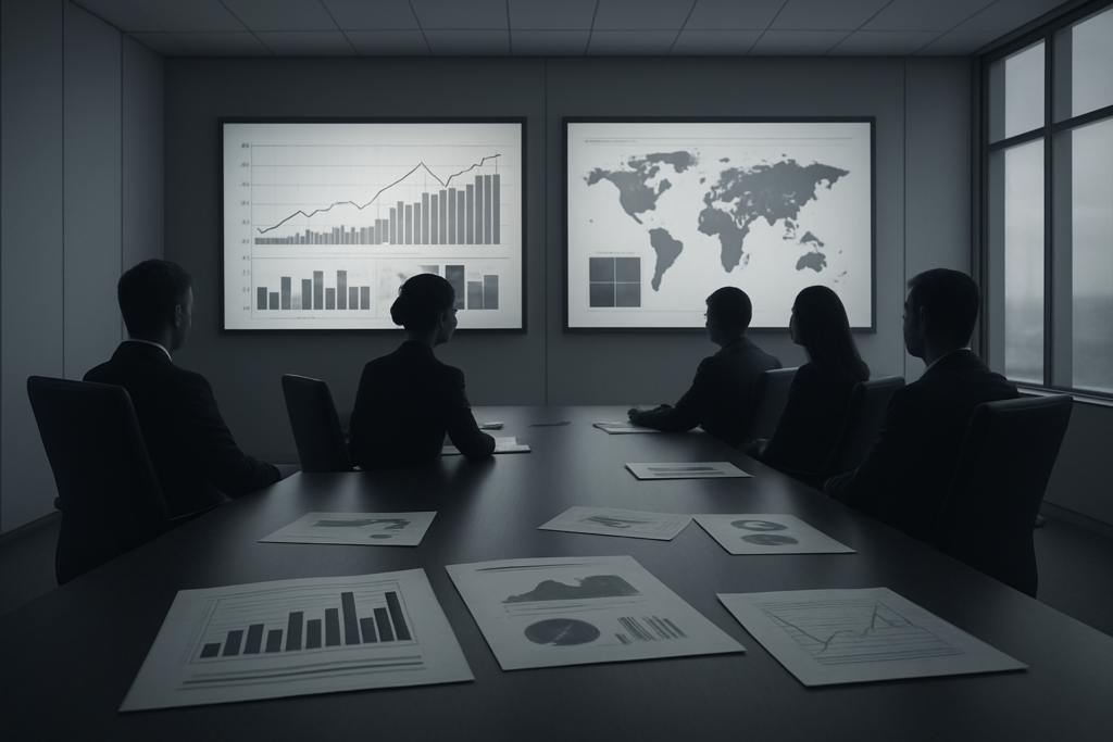Zarząd analizujący dashboardy ryzyka i mapy scenariuszowe