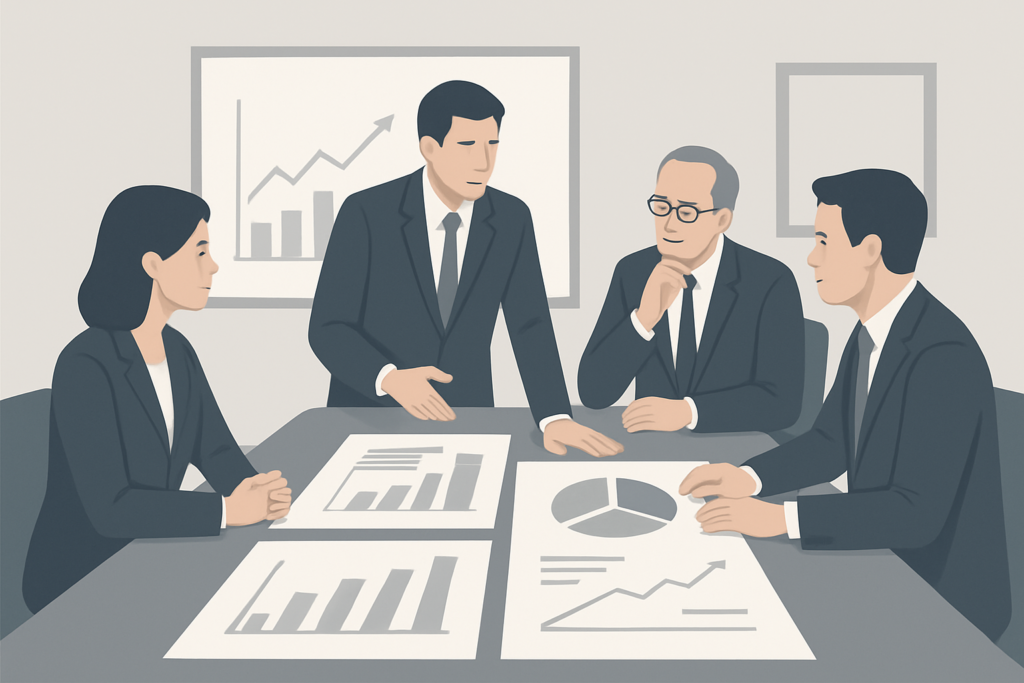 Liderzy podczas strategicznej dyskusji przy stole z wykresami