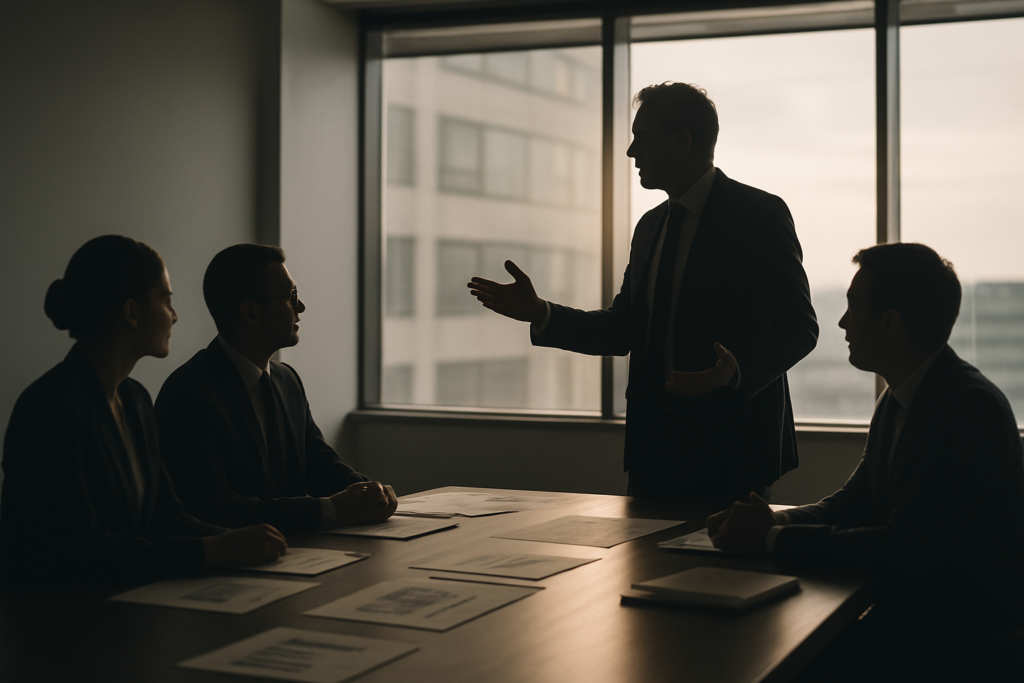 Właściciel firmy omawiający strategię z kadrą zarządzającą