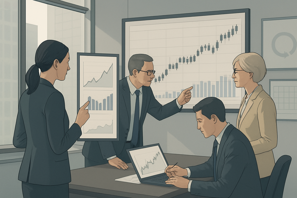 Menedżerowie analizujący sygnały rynkowe i wykresy