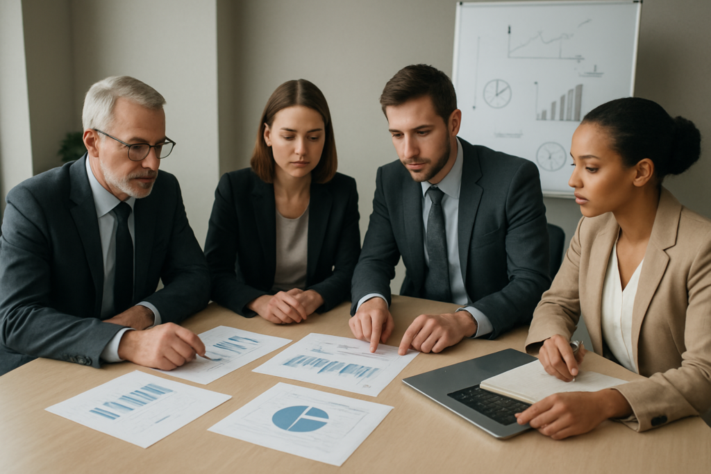 Menedżerowie analizujący scenariusze biznesowe przy stole