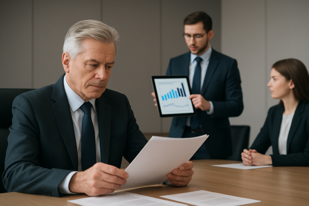 Lider i młodszy specjalista omawiający wykresy — doświadczenie kontra innowacja