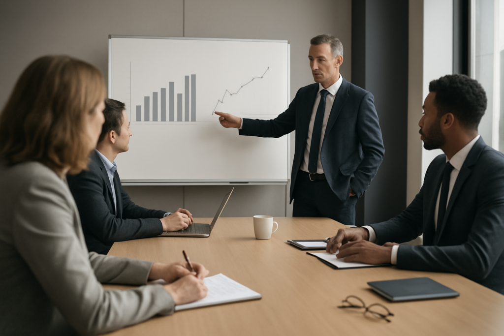 Lider prezentujący wykresy podczas warsztatu zarządu