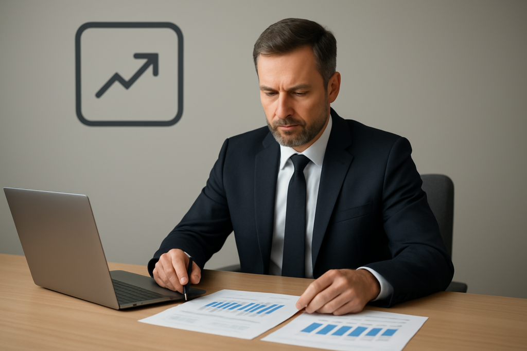 Lider analizujący wykresy i dokumenty w sali konferencyjnej