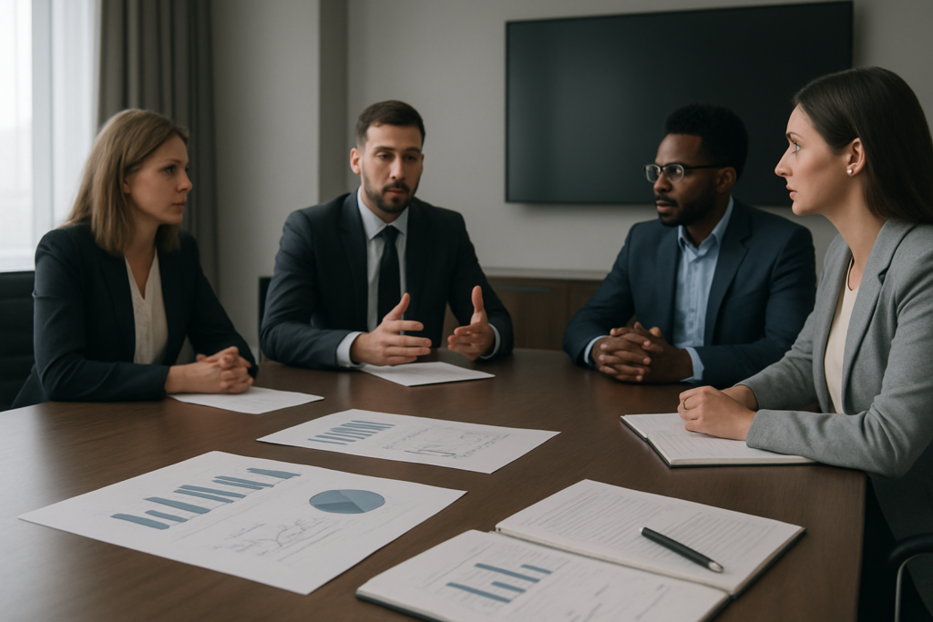 Liderzy dyskutujący decyzje przy stole z dokumentami i wykresami