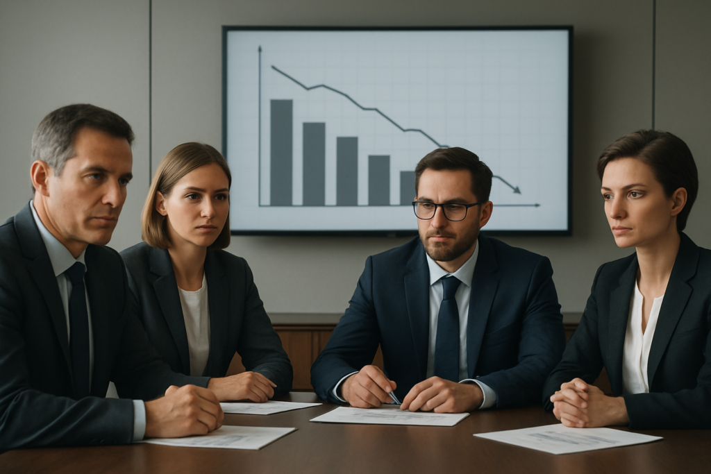 Liderzy analizujący wykresy kryzysowe w sali konferencyjnej