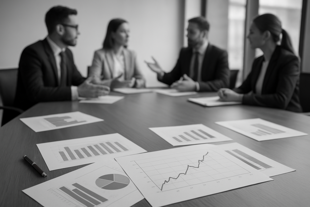 Zarząd podczas warsztatu strategicznego z wykresami