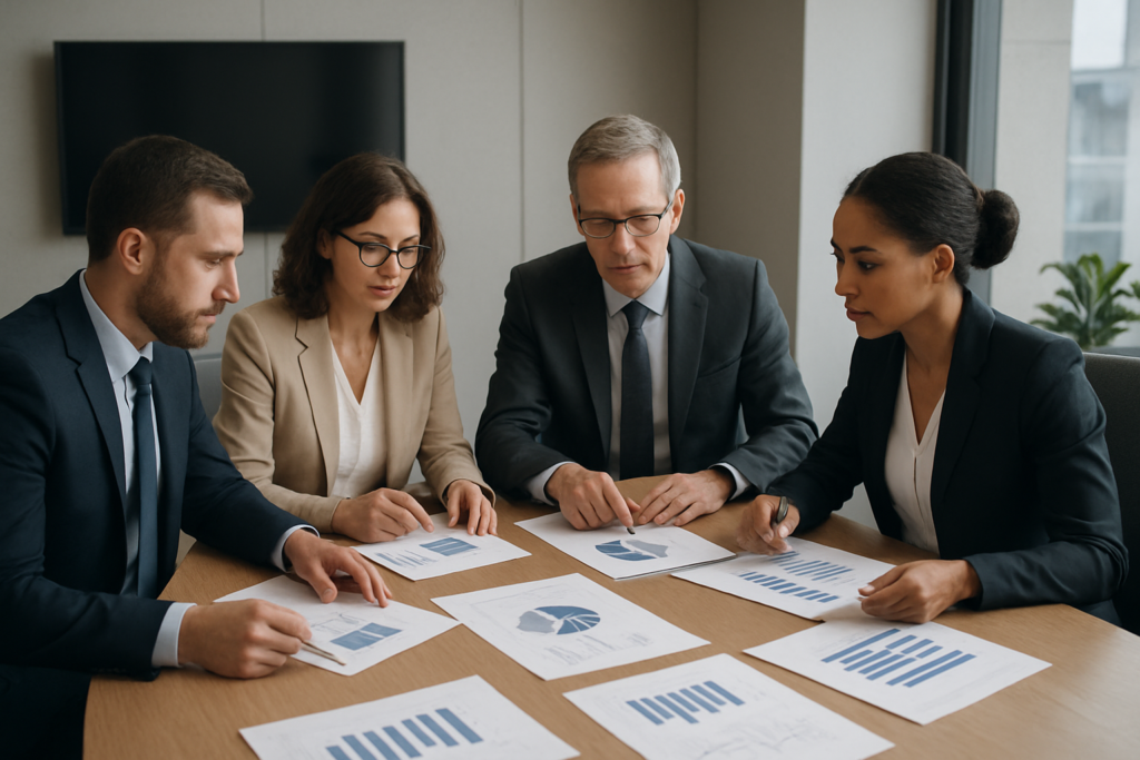 Managerowie analizujący raporty przy stole konferencyjnym